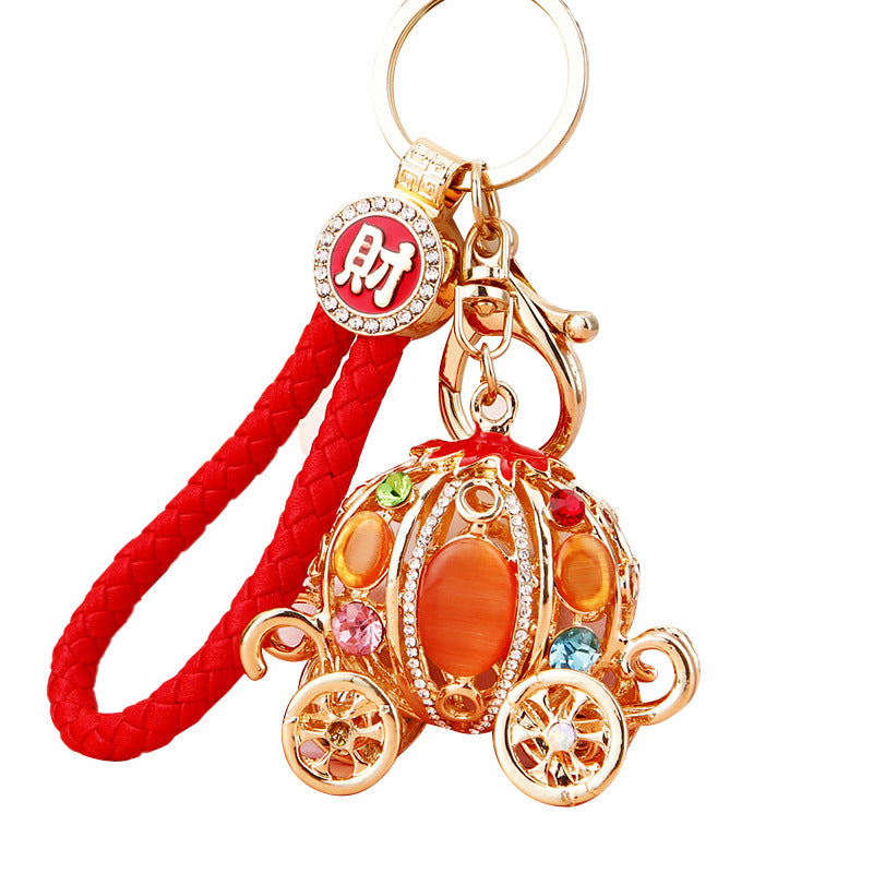 Wholesale Metal Rhinestone Pumpkin Carriage Keychain Bag Charm Pink Car Key Accessory Decorative Gift