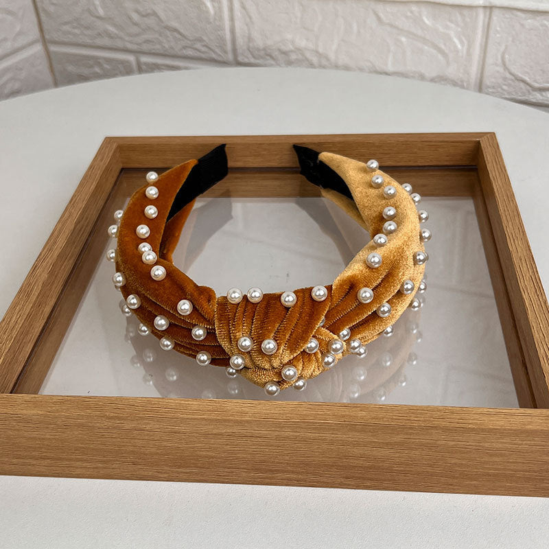 Wholesale Gold Velvet Fabric Beaded Knotted Headband