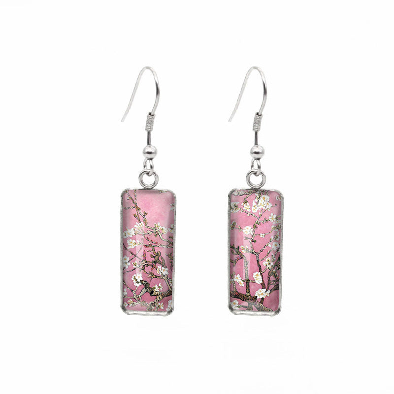 Wholesale Blooming Apricot Blossom Time Gemstone Rectangular Glass Earrings
