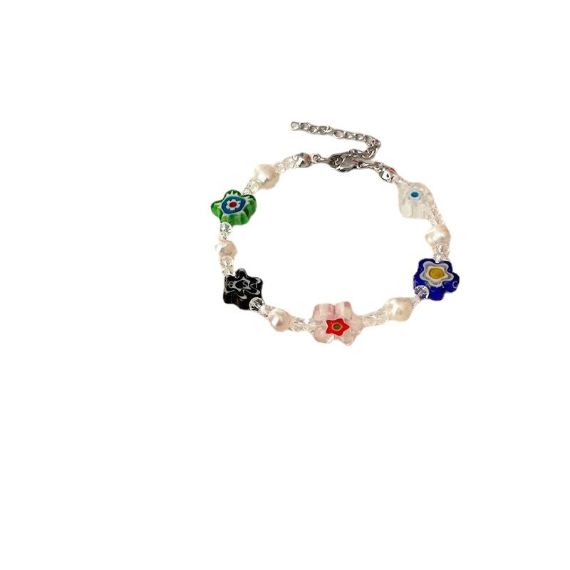 Wholesale Color Glass Flower Freshwater Pearl Bracelet