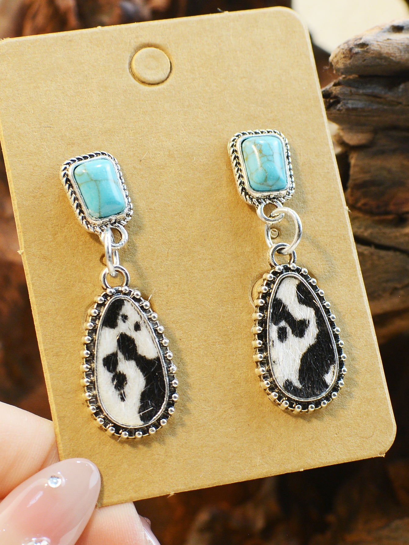 Wholesale Turquoise Inlaid Western Cowboy Earrings Plush Cow  Semi-Circle Cut Out Leopard