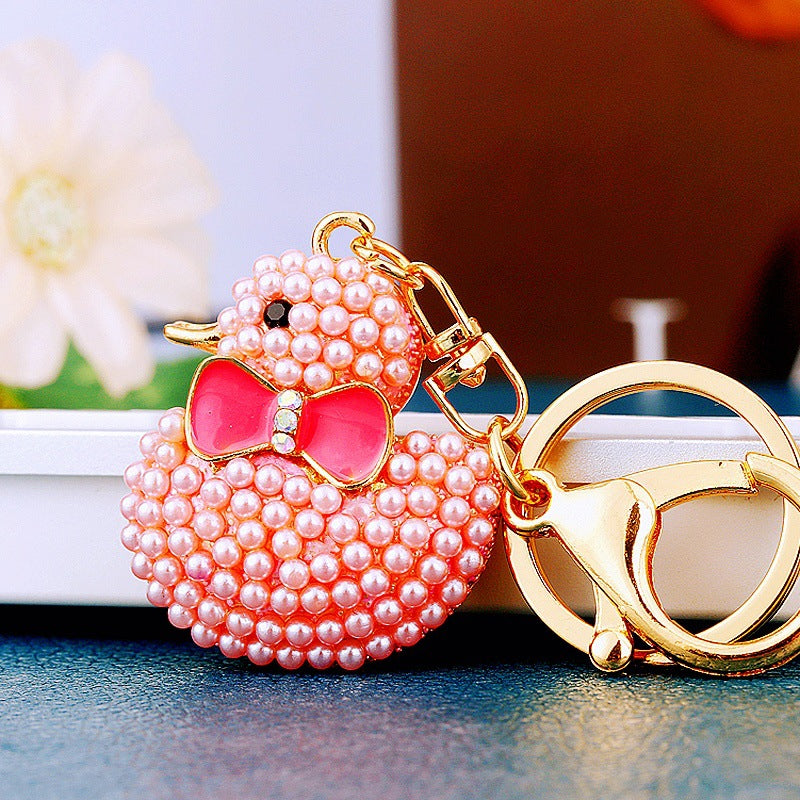 Wholesale Cute Crystal Studded Little Yellow Duck Car Keychain Bag Charm For Women Boutique Resale Decorative Accessory