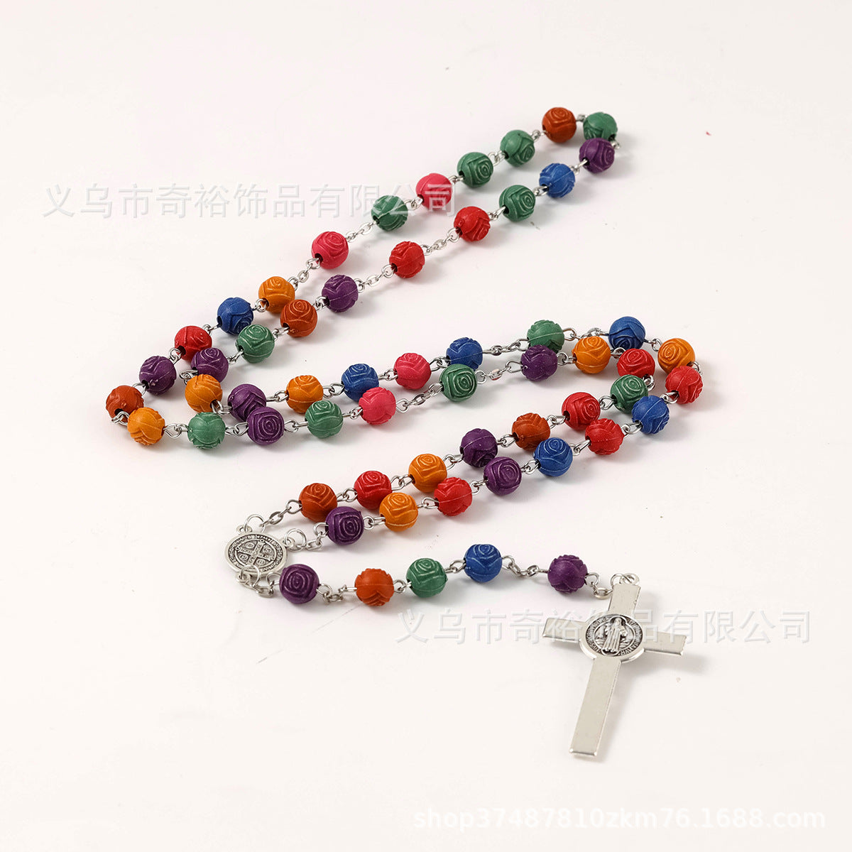 Wholesale 8mm mixed color rose bead cross rosary necklace