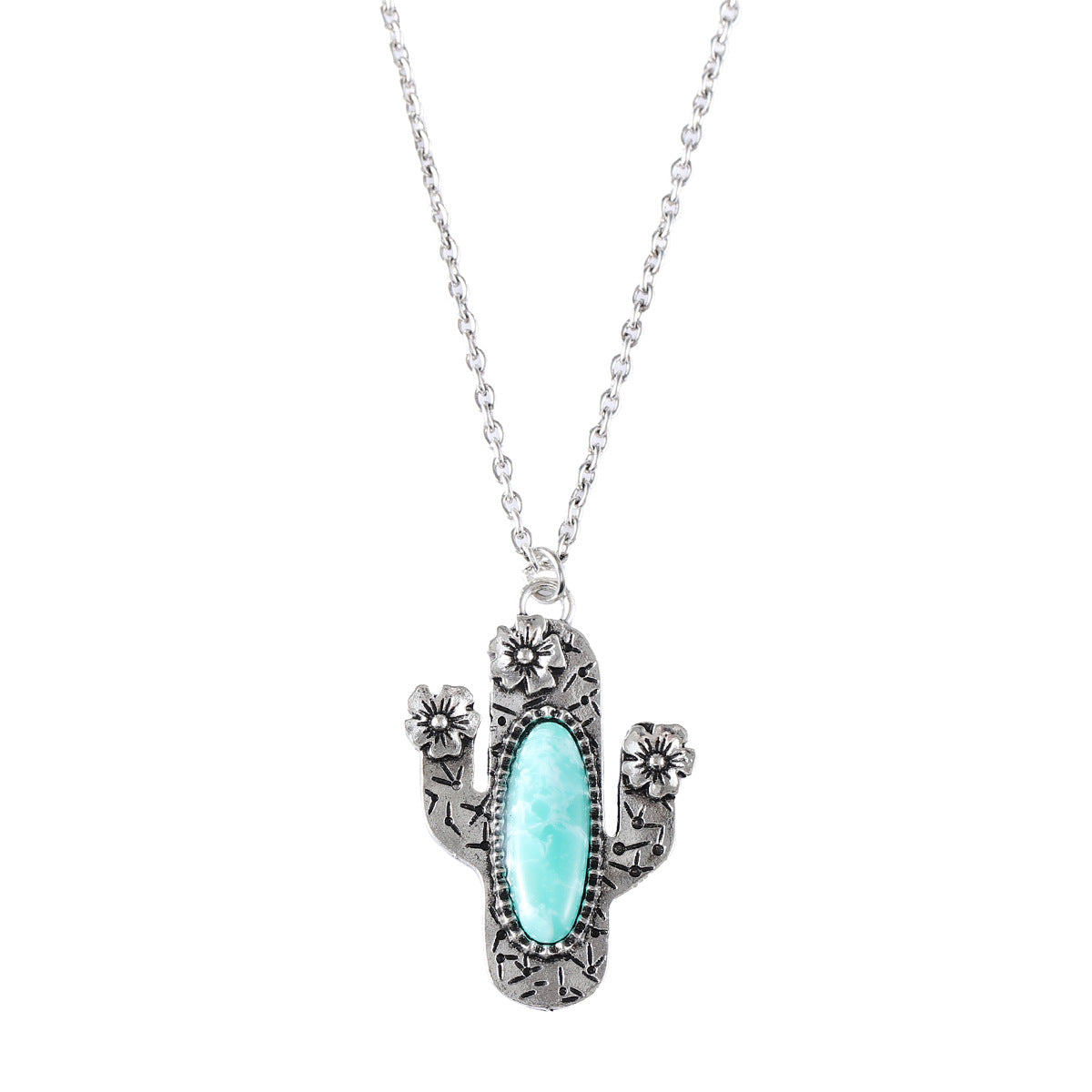 Wholesale Vintage inlaid turquoise cactus pendant necklace