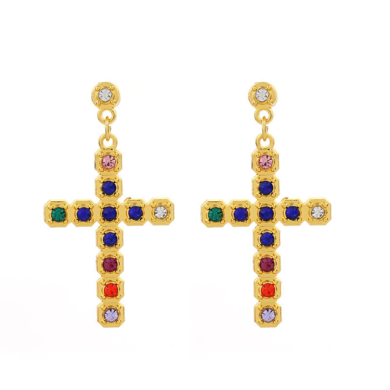 Wholesale Gute Alloy Inlaid Colored Diamond Cross Super Flash Ladies Earrings