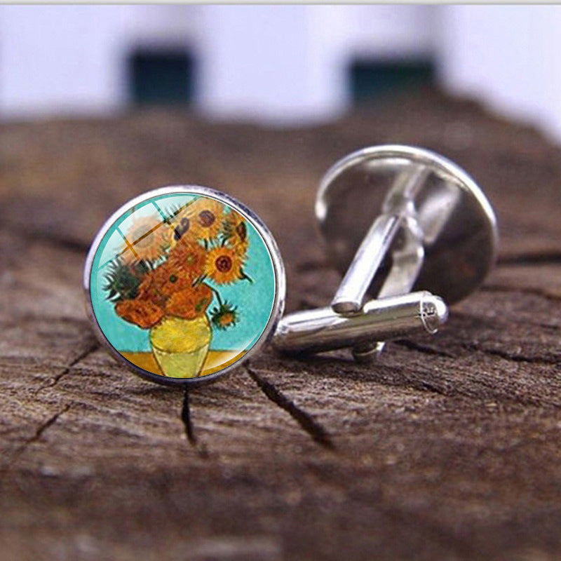 Wholesale Alloy Van Gogh Starry Night Sunflower Time Gemstone Cufflinks