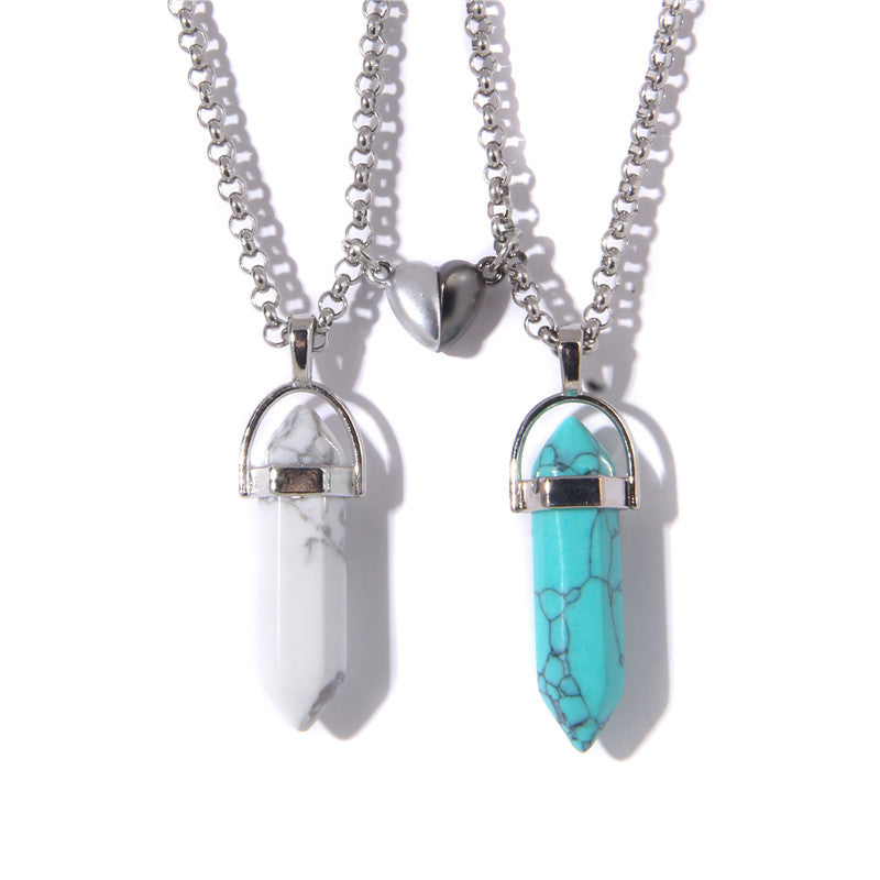Wholesale Love Magnetic Buckle Couple Natural Hexagonal Column Raw Stone Pendant Necklaces