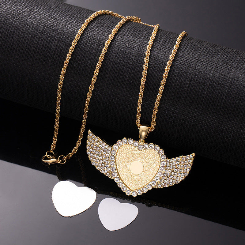 Wholesale Sublimation necklace angel wings necklace heart full diamond clavicle necklace