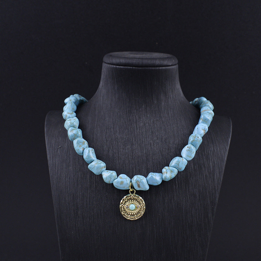 Wholesale Bohemian Turquoise Bead Necklace With Heart Pendant Zinc Alloy Electroplated Trendy Party Jewelry For Women Boutique Resale