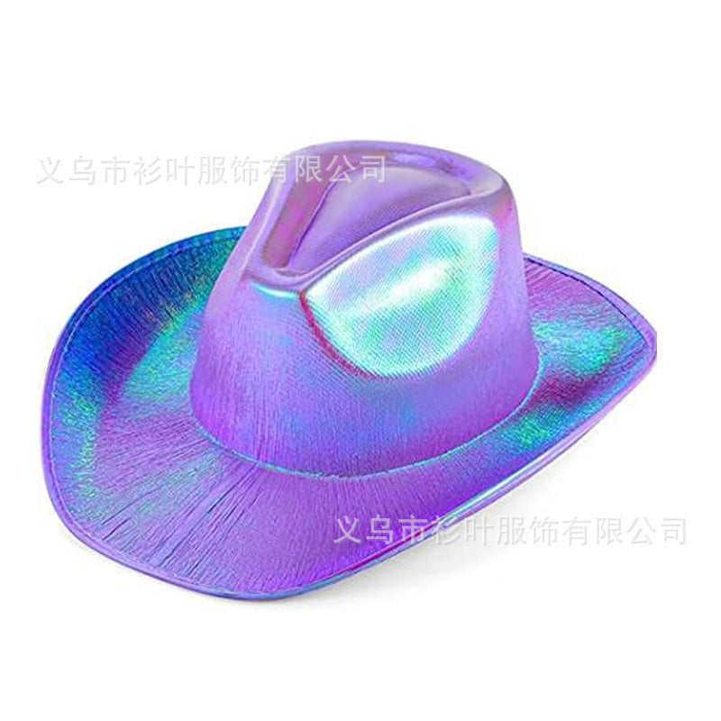 Wholesale Halloween Party Pink Fluorescent Colorful Denim Cowboy Hat Laser Combination Style Phantom Cowboy Hat Adult Costume Accessory