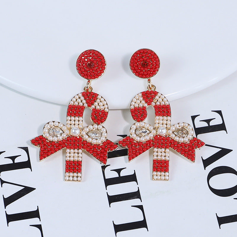 Wholesale Christmas Walking Stick Alloy Diamond and Rice Bead Earrings