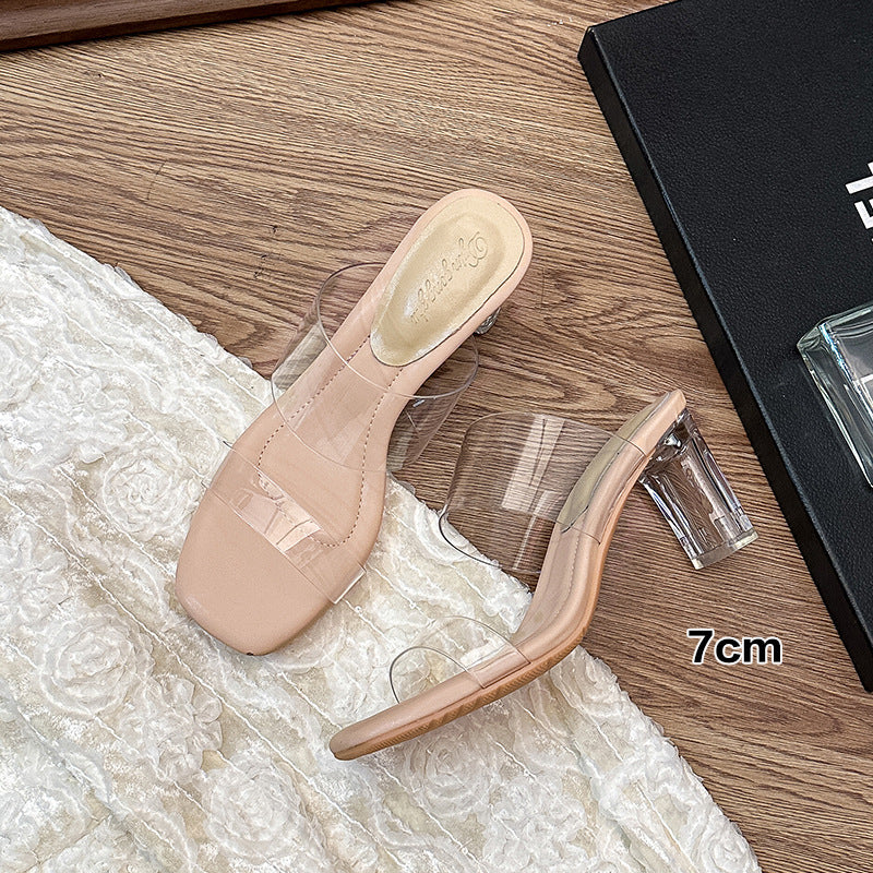 Wholesale Transparent for Women Crystal Heels for Outer Wear Soft Bottom Small Size Sandals and Slippers