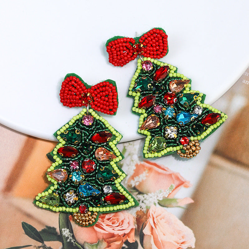 Wholesale Christmas Tree Inlaid Diamond Handmade Rice Beads Christmas Earrings