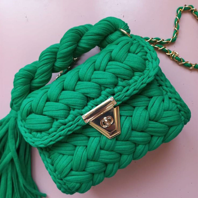 Wholesale Handmade Polyester Woven Handbags with Colored Chain Strips and Diagonal Cross Shaped Handbags