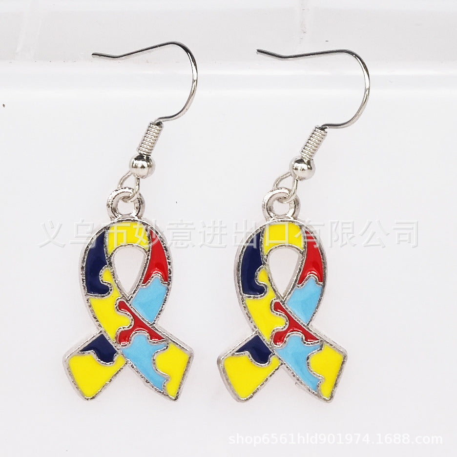 Wholesale 2PCS/Pack Color Puzzle Earrings Alloy Dropping Oil Puzzle Autism Ladies Earrings