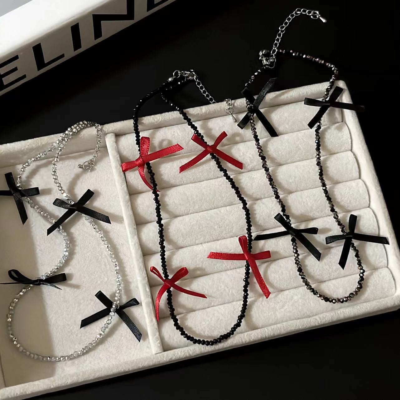 Wholesale exquisite crystal beaded necklace ribbon bow clavicle chain