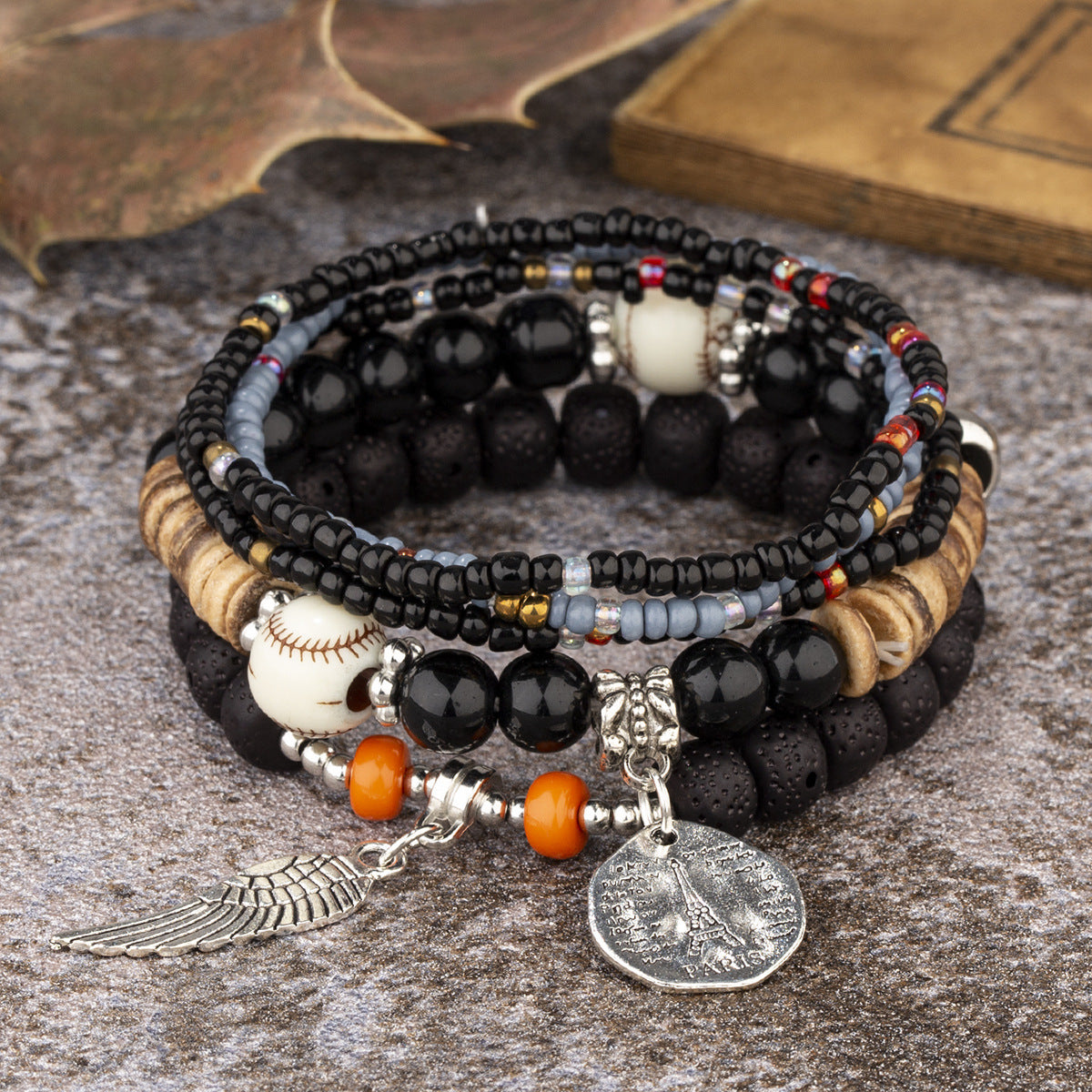 Wholesale Bohemian Ethnic Style Angel Wings Letter Alloy Pendant Beaded Bracelet Five-piece Set