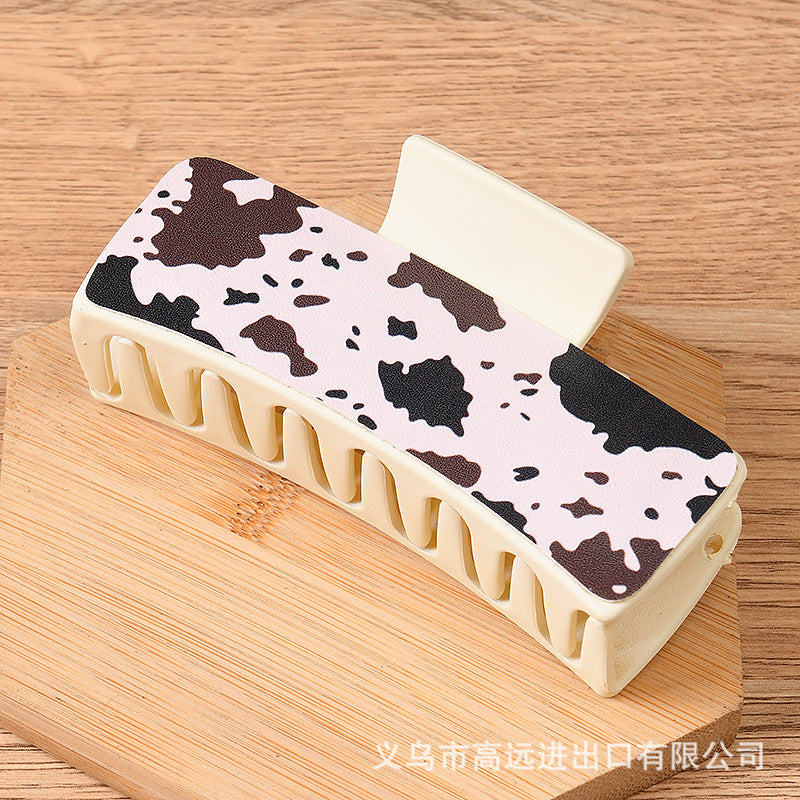 Wholesale Trendy PU Leather Square Shark Clip Hair Claw White Leopard Print Fashion Accessory Boutique Resale