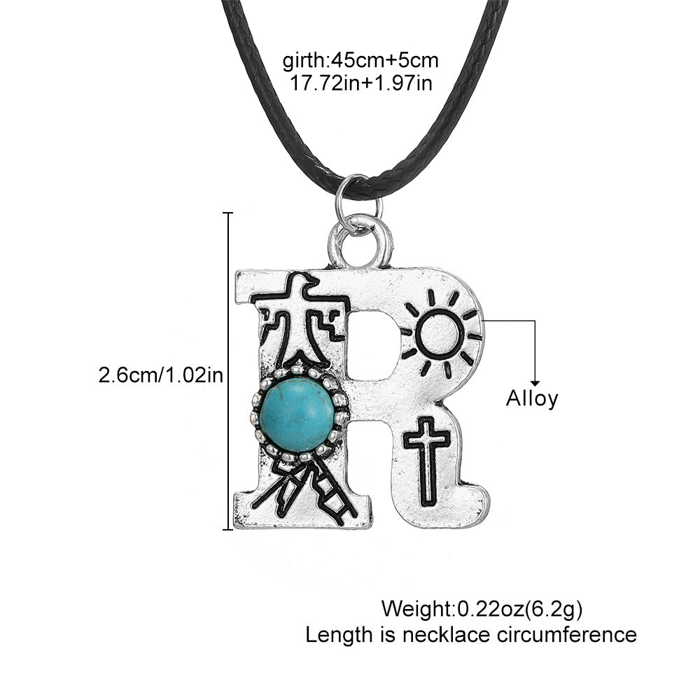 Wholesale English letter necklace western style cactus sunflower turquoise chain