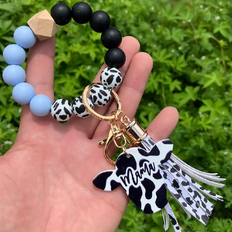 Wholesale Western Style Leopard Print Silicone Bead Bracelet Keychain