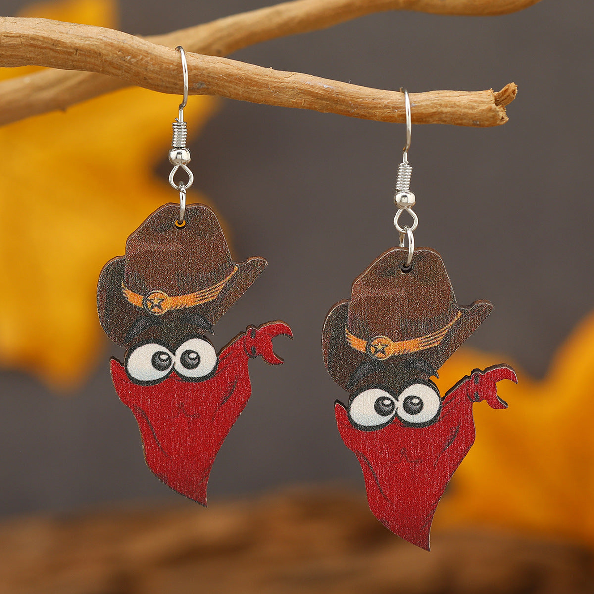 Wholesale Cartoon Sheep Head Cactus Boots Small Flame Cowboy Hat Shoes Wooden Painted Earrings