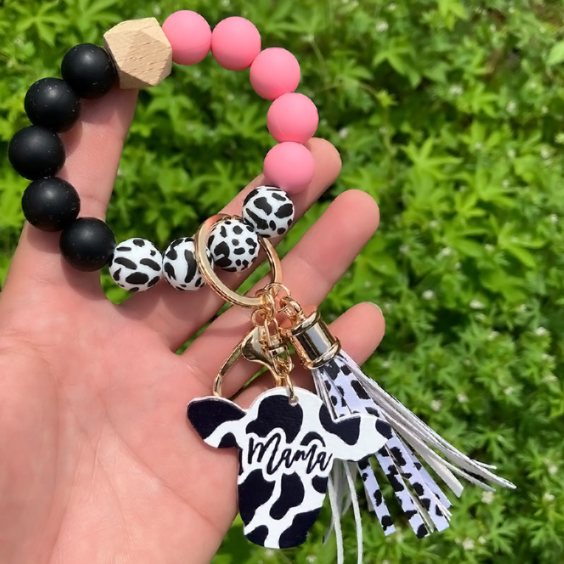 Wholesale Western Style Leopard Print Silicone Bead Bracelet Keychain