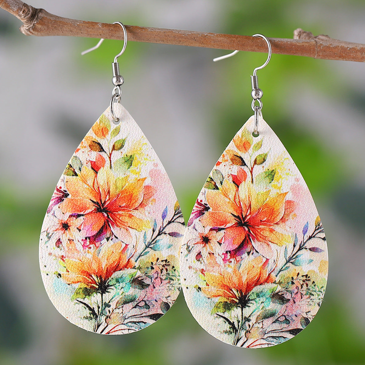 Wholesale Fresh leaf flower leopard print feather earrings leather drop earrings