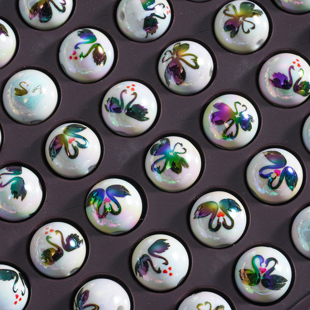 Wholesale 10pcs Black Swan Mixed Printing Beads 16mm Decorative Beads