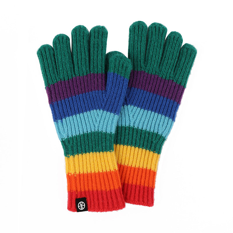 Wholesale Winter Rainbow Striped Knitted Fingerless Gloves Alpaca Warm Touch Screen Gloves