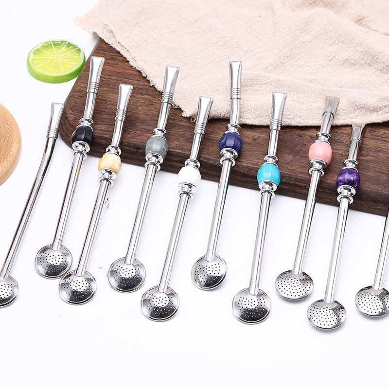 Wholesale Creative Filter 304 Stainless Steel Straw Stirring Coffee Dessert Madeira Tea Filter Spoon