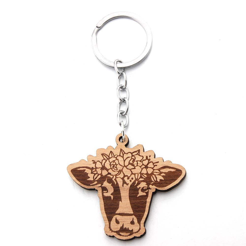 Wholesale Wooden Laser Engraved Bull Head Pendant Keychain