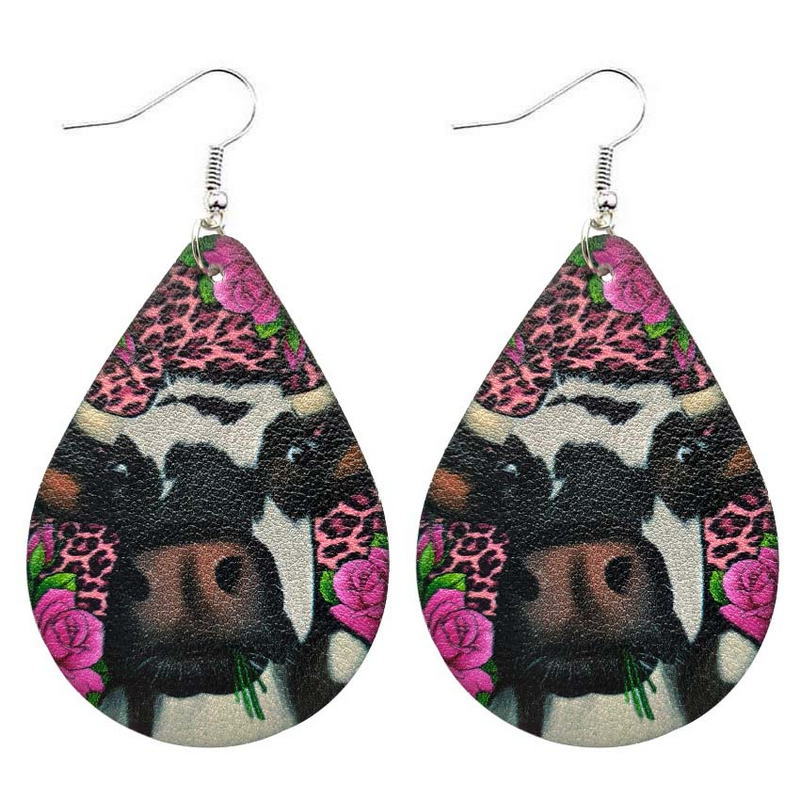 Wholesale Western Style Leopard Print Cow Head Flower Heart Valentine's Day Leather Drop Earrings