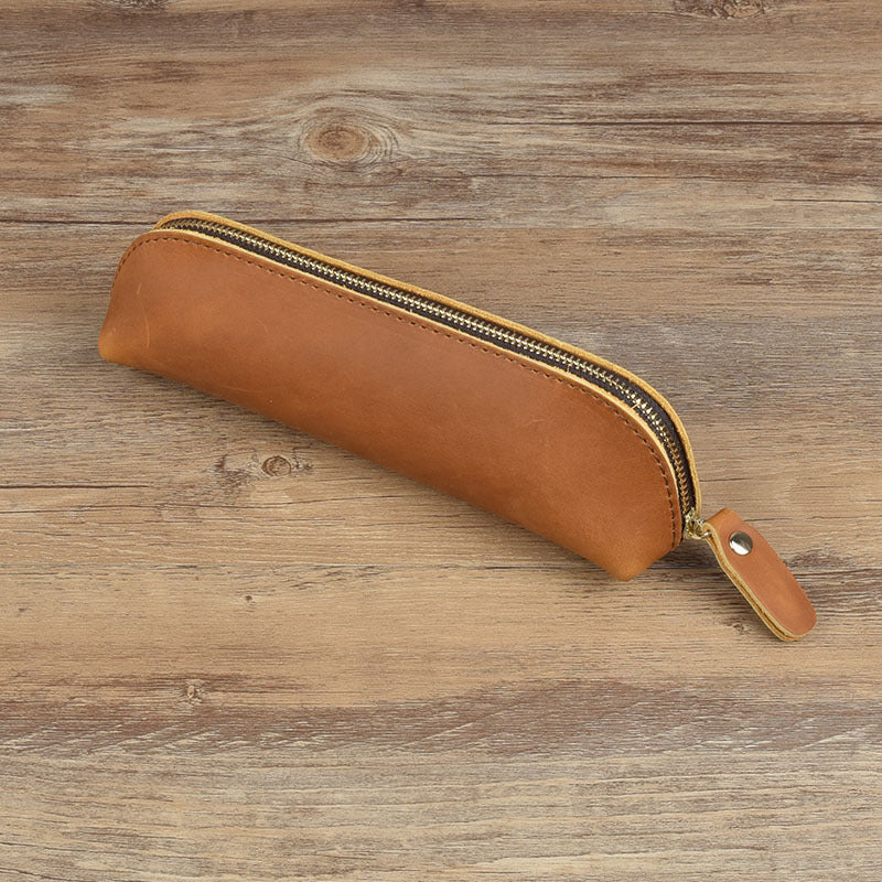 Wholesale Vintage Minimalist Cowhide Zippered Pencil Case