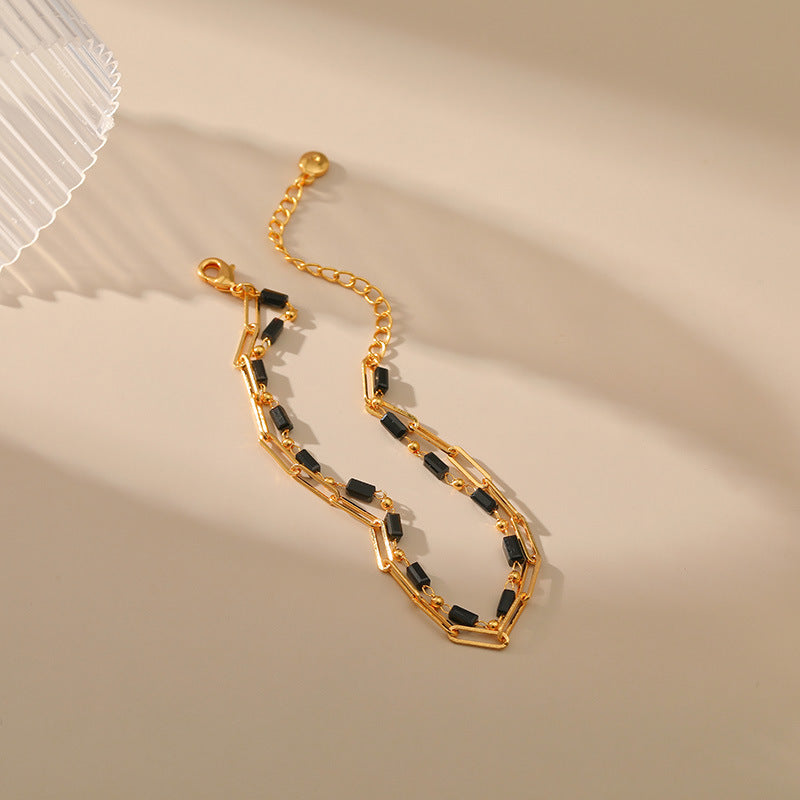 Wholesale Paper Clip Chain Black Glass Diamond Multi-layer Copper Plated 18K Real Gold Bracelet