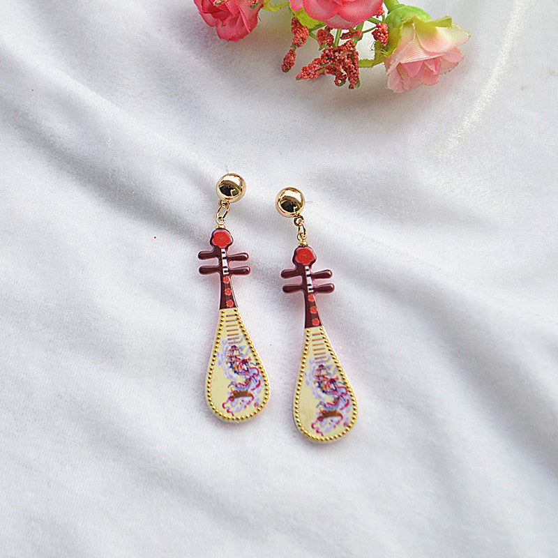 Wholesale Vintage Imitation Musical Instrument Metal Dripping Oil Pipa Long Tassel Earrings