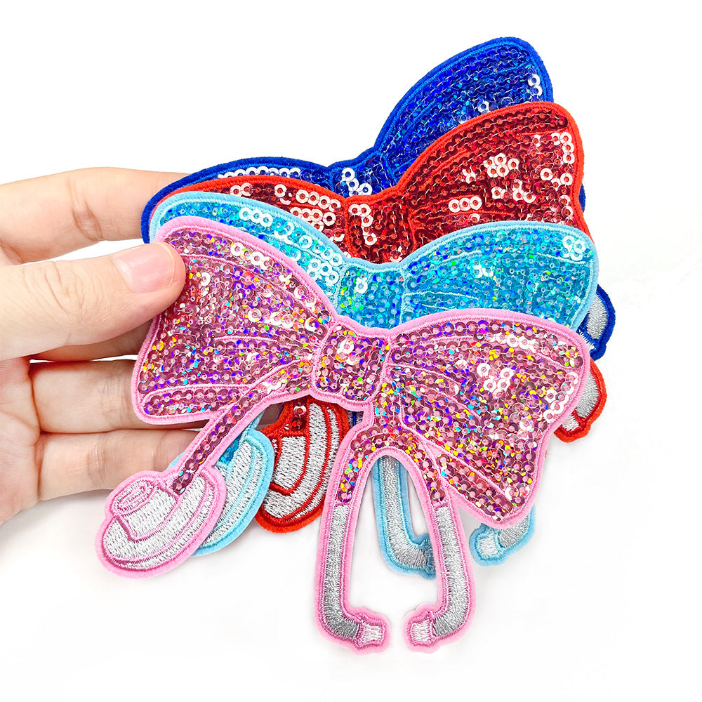 Wholesale Sequin Stethoscope Shape Iron On Patch DIY Hot Melt Adhesive Backing Embroidered Decorative Applique For Coat Craft Supply