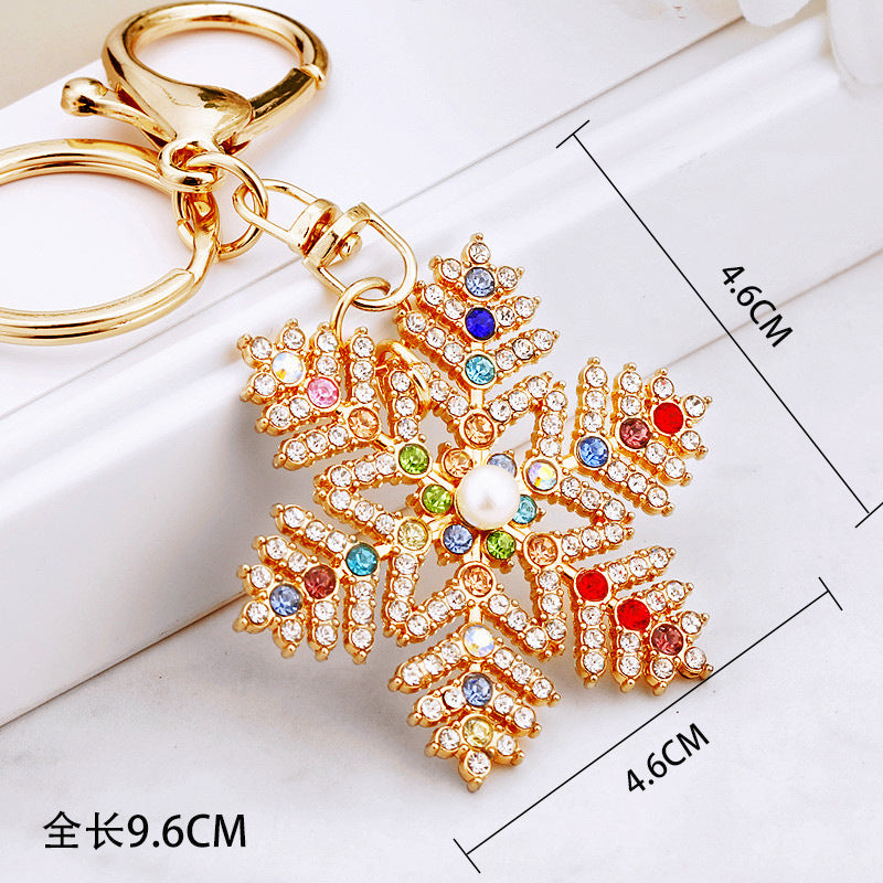 Wholesale Diamond Inlaid Christmas Snowflake Pearl Metal Keychain