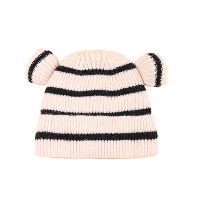 Wholesale Bear Ears Knitted Plush Children's Striped Contrast Color Autumn and Acrylic Winter Hats 10PCS