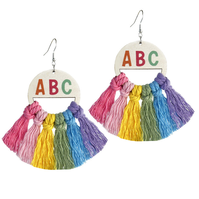 Wholesale Braided Tassel Multicolor Fan-Shaped Textured Rainbow Color Teacher Letter English Math Earrings
