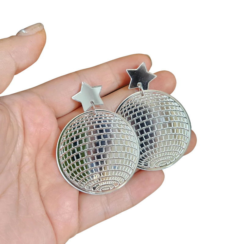 Wholesale Exaggerated Creative Five-pointed Star Acrylic Retro Disco Ball Mirror Laser Earrings