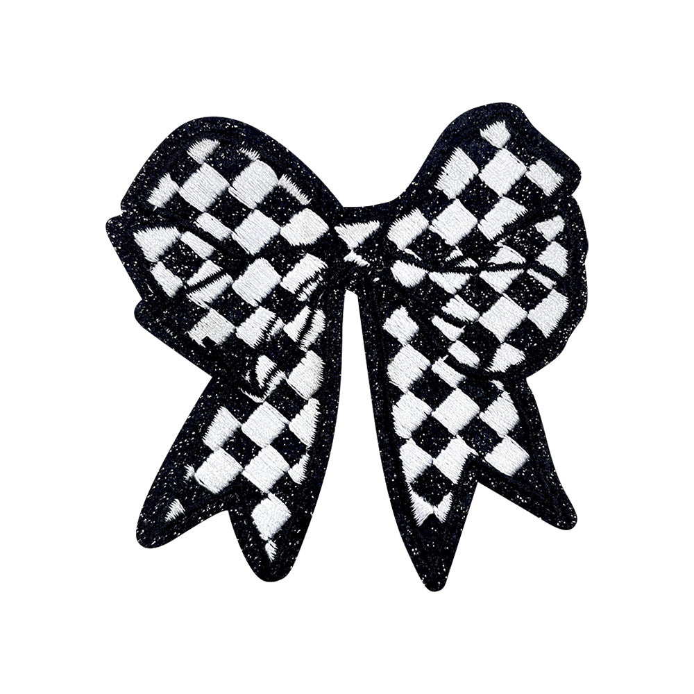Wholesale Polyester Embroidered Patch Bow Lightning Checkerboard Design With Sequined Edge For ets DIY Clothing Decor