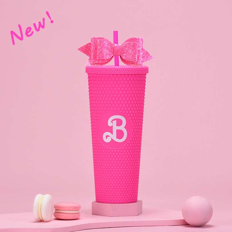 Wholesale Double-layer Plastic 710ml Large Capacity Straw Cup with Glitter Bow Tie Hand Cup Durian Cup