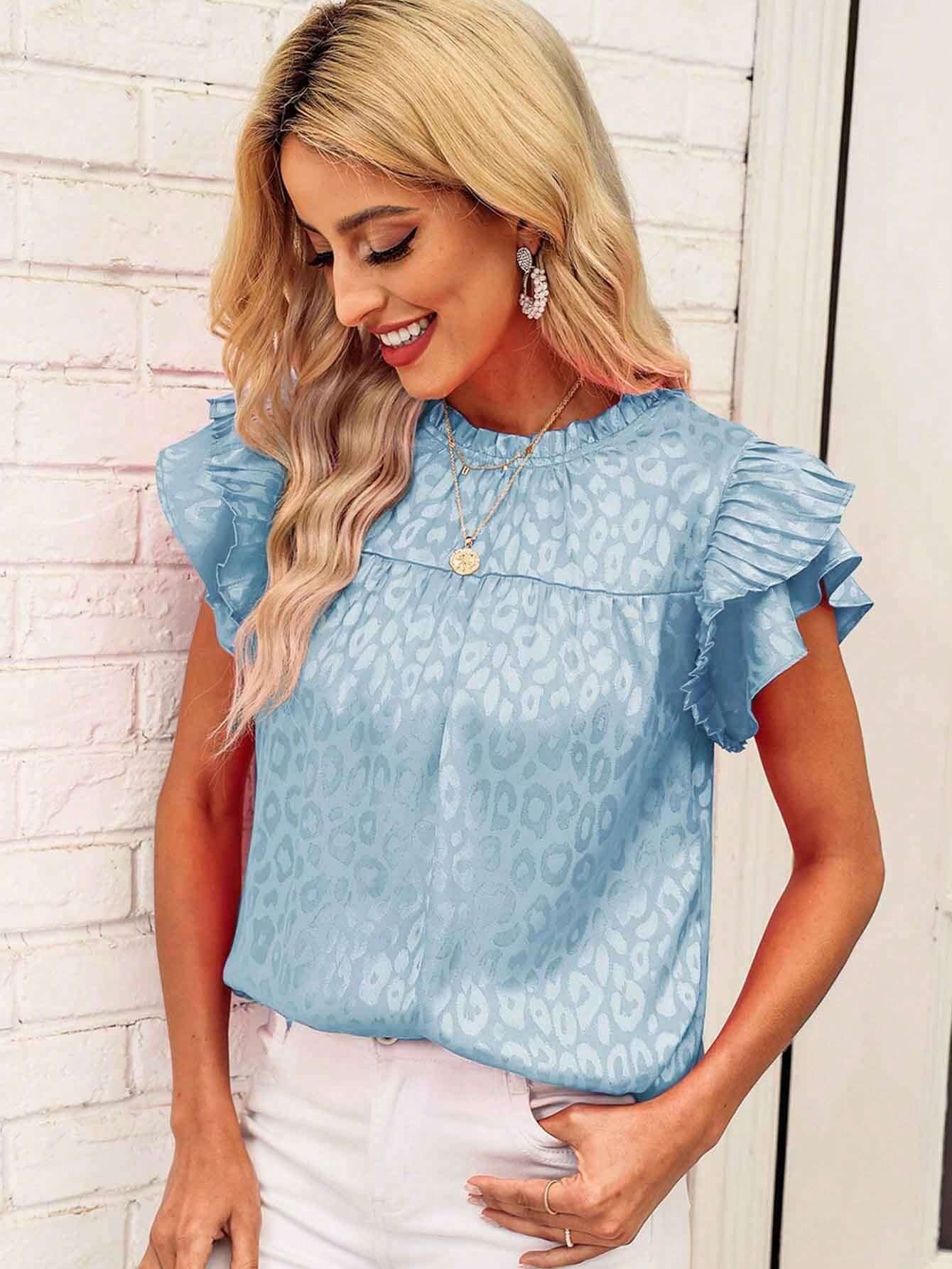 Wholesale Fashion Versatile Printed Ruffle Sleeve Wave Neck Top