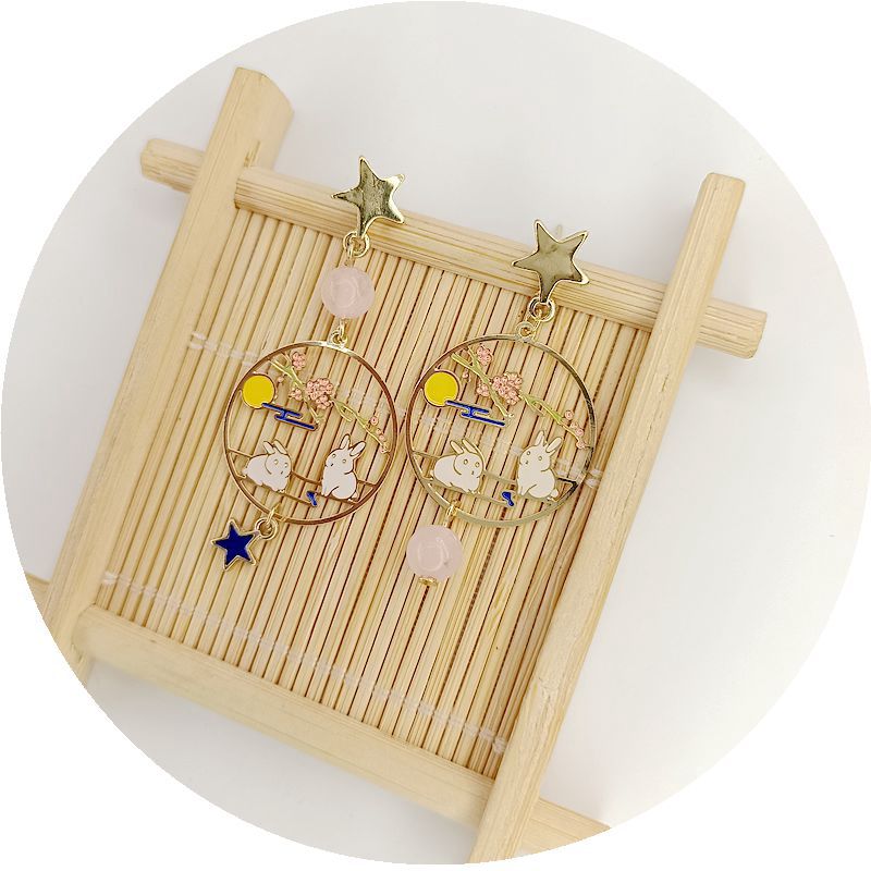 Wholesale Moonlit Cute Rabbit Asymmetric Long Earrings