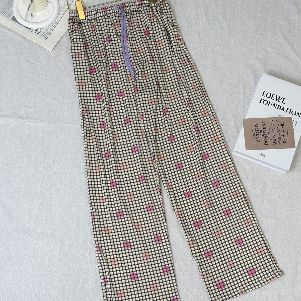 Wholesale Plaid Casual Wide-leg Women's Summer Pajama Pants High Waist Straight Loose Walking Pants