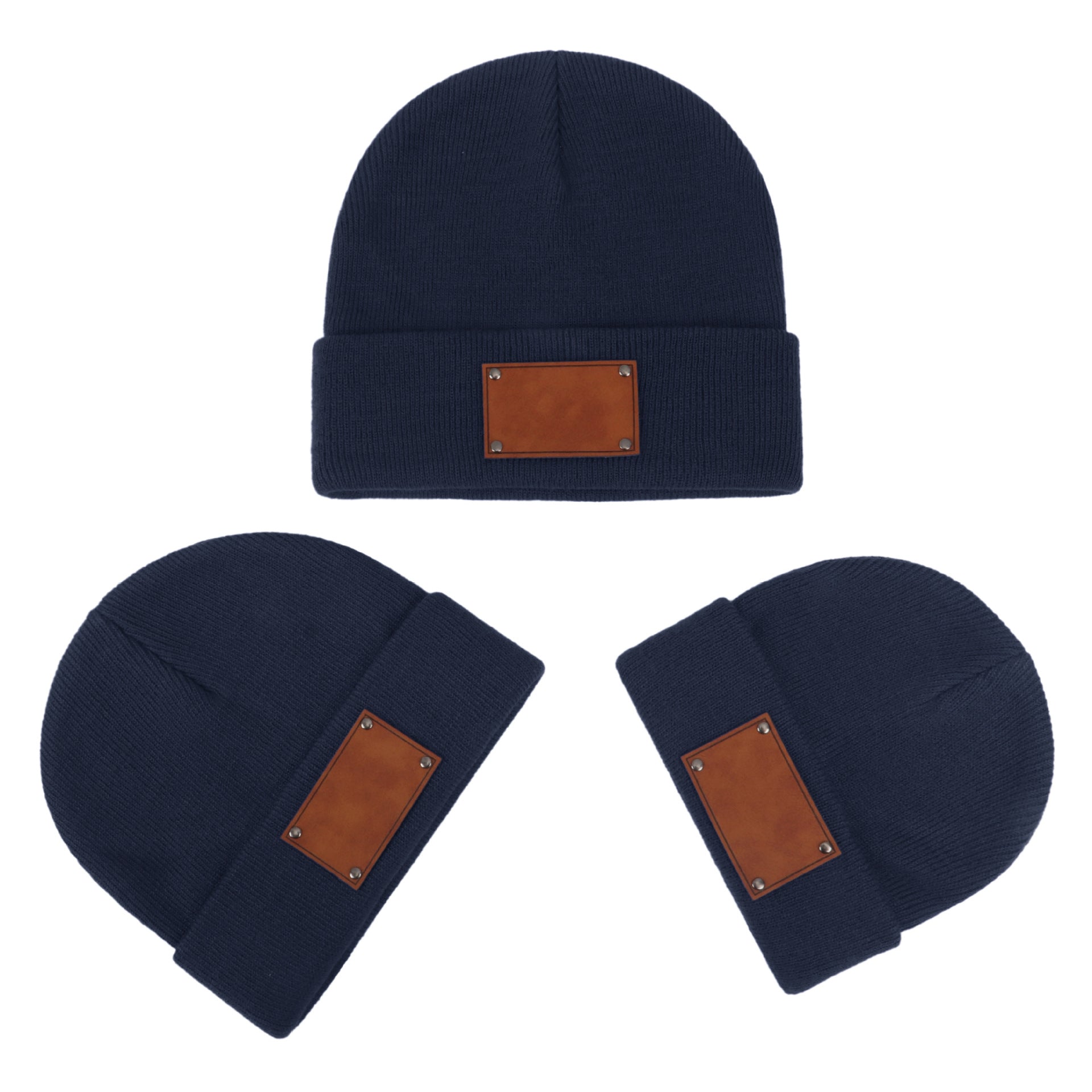 Wholesale Fashion Retro Infant and Toddler Children Blank Engravable Leather Label Knitted Warm Pullover Beanie