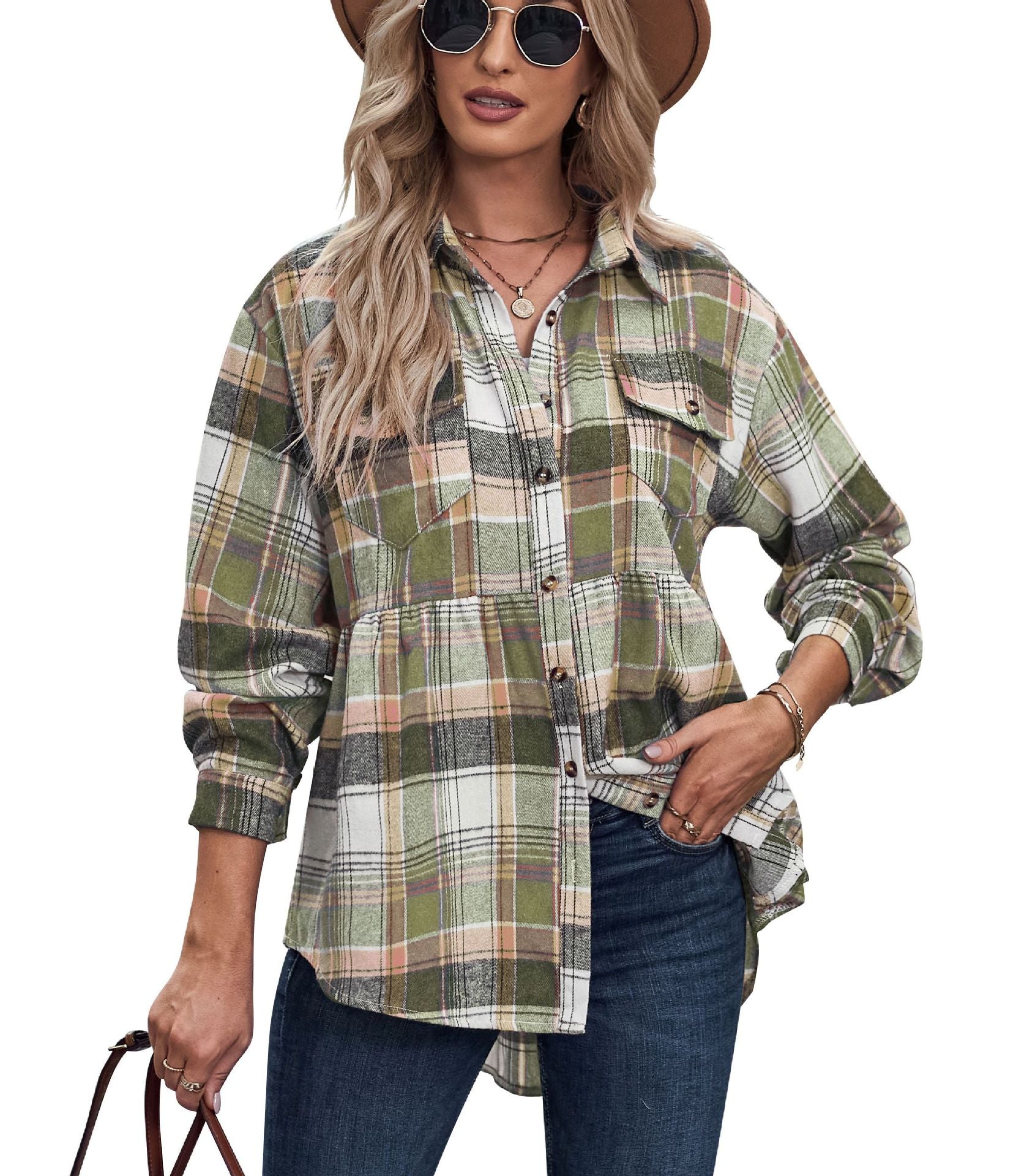 Wholesale Polyester Women's Tops Lapel Long Sleeve Pocket Casual European and American Plaid Shirt