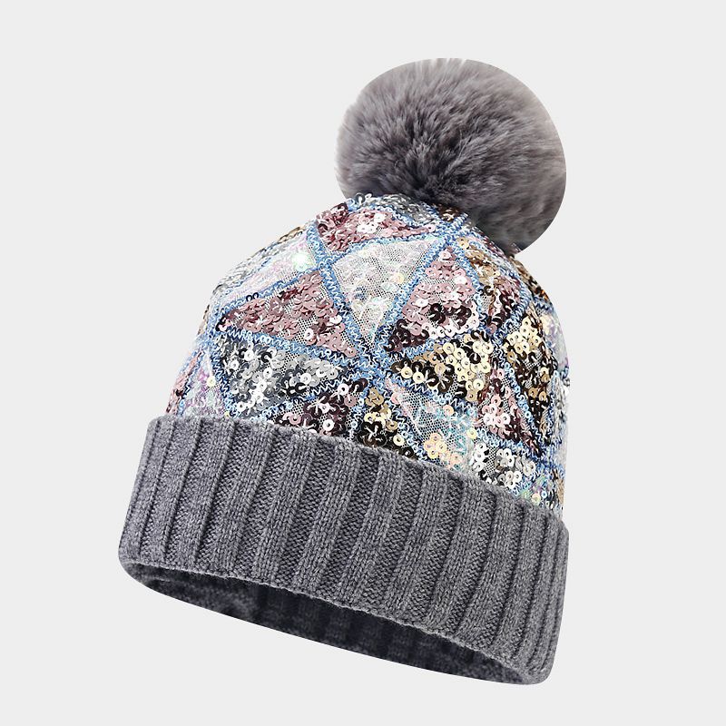 Wholesale Winter Thickened Warm Fur Ball Beanie Colorful Sequined Knitted Hat