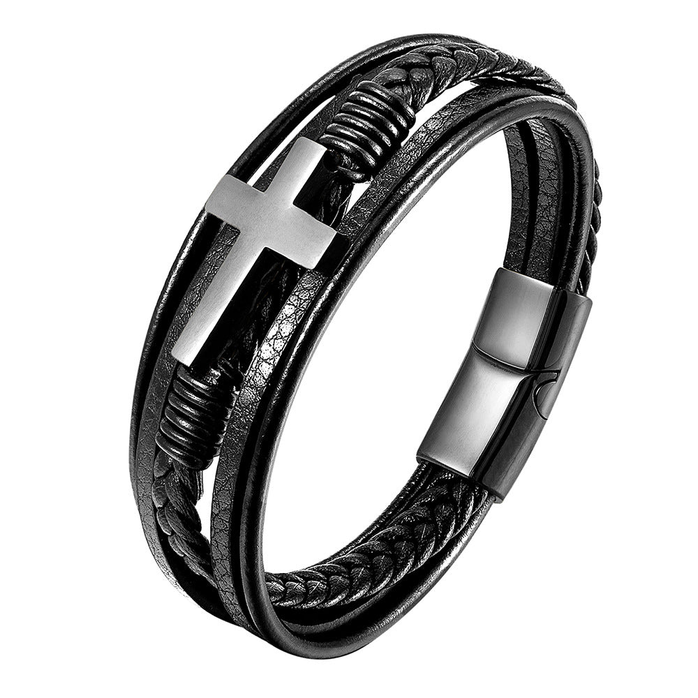 Wholesale Stainless Steel Leather Multi-layer Woven Men's Bracelets