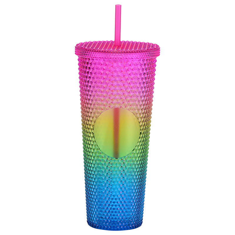 Wholesale Double-layer Plastic 710ml Durian Prick Hand Luminous Color Changing Rainbow Gradient Straw Cup